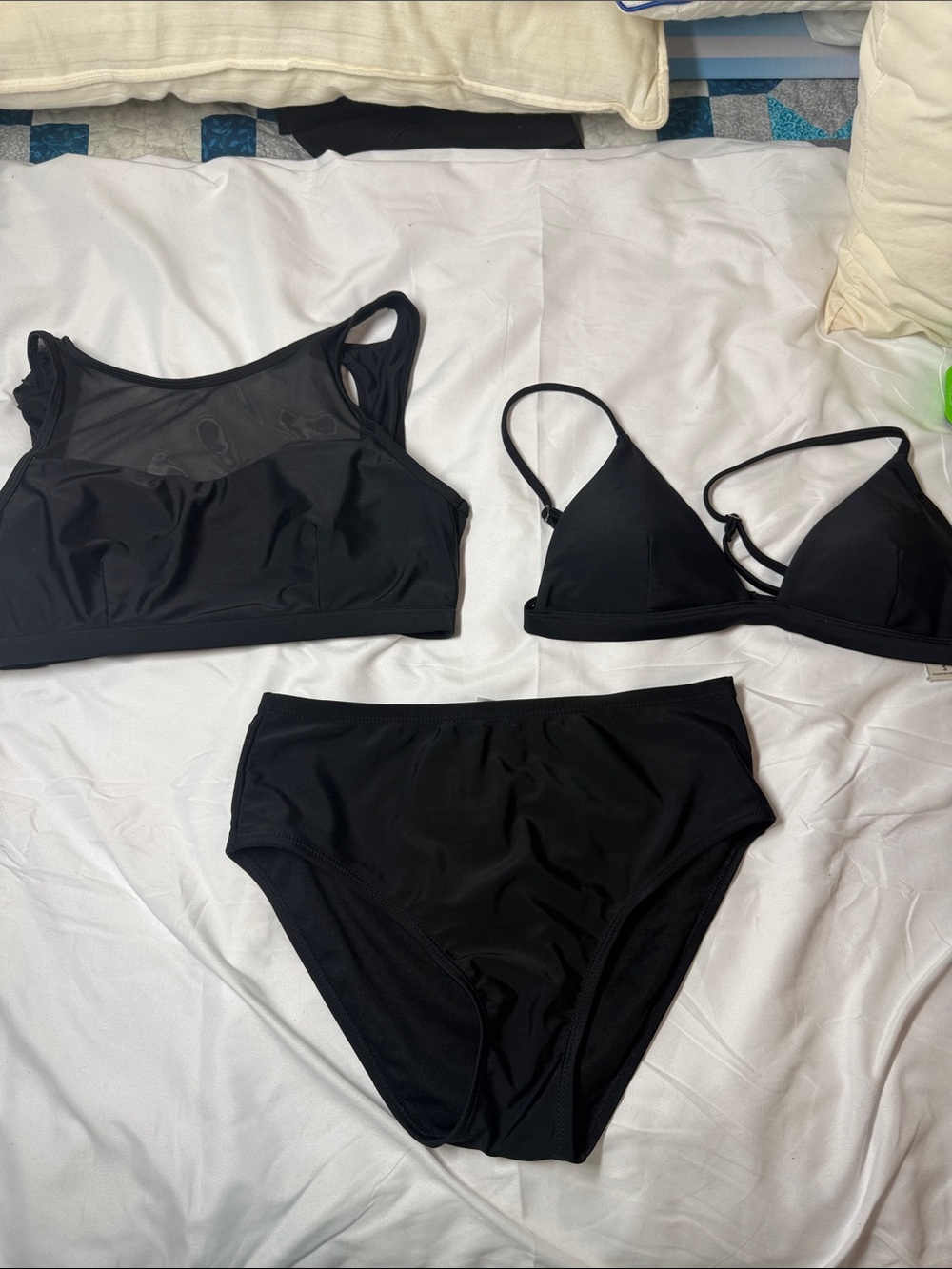 Black 3-Piece Bikini Set - High Waisted Bottoms